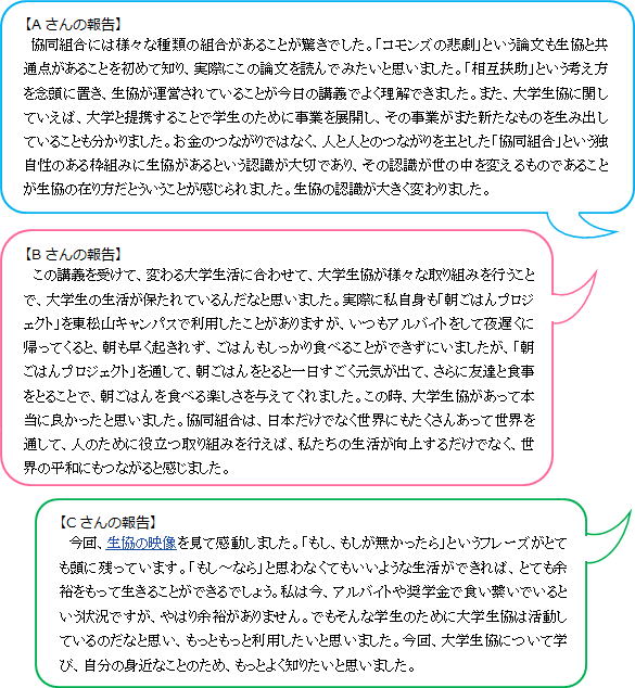 【Aさんの報告】協同組合には様々な種類の組合があることが驚きでした。「コモンズの悲劇」という論文も生協と共通点があることを初めて知り、実際にこの論文を読んでみたいと思いました。「相互扶助」という考え方を念頭に置き、生協が運営されていることが今日の講義でよく理解できました。また、大学生協に関していえば、大学と提携することで学生のために事業を展開し、その事業がまた新たなものを生み出していることも分かりました。お金のつながりではなく、人と人とのつながりを主とした「協同組合」という独自性のある枠組みに生協があるという認識が大切であり、その認識が世の中を変えるものであることが生協の在り方だとういうことが感じられました。生協の認識が大きく変わりました。【Bさんの報告】　この講義を受けて、変わる大学生活に合わせて、大学生協が様々な取り組みを行うことで、大学生の生活が保たれているんだなと思いました。実際に私自身も「朝ごはんプロジェクト」を東松山キャンパスで利用したことがありますが、いつもアルバイトをして夜遅くに帰ってくると、朝も早く起きれず、ごはんもしっかり食べることができずにいましたが、「朝ごはんプロジェクト」を通して、朝ごはんをとると一日すごく元気が出て、さらに友達と食事をとることで、朝ごはんを食べる楽しさを与えてくれました。この時、大学生協があって本当に良かったと思いました。協同組合は、日本だけでなく世界にもたくさんあって世界を通して、人のために役立つ取り組みを行えば、私たちの生活が向上するだけでなく、世界の平和にもつながると感じました。【Cさんの報告】　 今回、生協の映像を見て感動しました。「もし、もしが無かったら」というフレーズがとても頭に残っています。「もし～なら」と思わなくてもいいような生活ができれば、とても余裕をもって生きることができるでしょう。私は今、アルバイトや奨学金で食い繋いでいるという状況ですが、やはり余裕がありません。でもそんな学生のために大学生協は活動しているのだなと思い、もっともっと利用したいと思いました。今回、大学生協について学び、自分の身近なことのため、もっとよく知りたいと思いました。