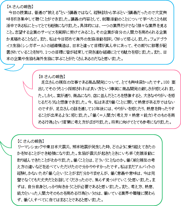 【Aさんの報告】今日の授業は、普通の“教える”という講義ではなく、経験談から学ぶという講義だったので大変興味を引き集中して聴くことができました。講義の内容として、就職活動のことについて学べたことも就活中である私にとってとても勉強になりました。具体的には、一つの業界だけでなく様々な業界を見ること。志望する企業のサービスを実際に受けてみること。その企業が自分の人間力を高められる企業か見極めることなど。また、私は今日初めて海外の生協活動を詳しく知って感心しました。フェアプライス生協（シンガポール）の組織構造は、日本と違って目標が真ん中にあって、その周りに部署が配置されていることを知り、１つの目標に皆が結束して突き進む組織にとても魅力を感じました。また、日本の企業や生協も海外生協に学ぶことがたくさんあるのだなと思いました。【Bさんの報告】　足立さんの現在の仕事である商品開発について、とても興味深かったです。100案出してそのうち１つ採用されれば良い方という事実に商品開発の厳しさが感じられました。しかし、案が通り、商品になり、店に並んだところを想像すると、大きなやりがいを感じるだろうなと想像できました。今、私はあまり働くことに関して熱意がある方ではないのですが、足立さんの話を通して１０年後には、やりがいを感じたり、熱意を持ったりすることが出来るように感じました。「働く＝人間力（考え方×熱意×能力）そのものを高める行為」という言葉に考え方が広がりました。将来に向けてとても参考になりました。【Cさんの報告】　リーマンショックや東日本大震災、熊本地震が発生した時、どのように乗り越えてきたのかを知ることができ勉強になりました。生協が震災が起きたときにいち早く支援活動に取り組んできたことがわかりました。働くこととは、どういうことなのか。働く前と現在の考え方の違いなどを述べていただけたので分かりやすかったです。私はまだアルバイトの経験しかないため「働く」ということがまだ分かりませんが、働く意義や意味は、今は完璧でなくても大丈夫だとお話してくださったので、焦らず見つけていこうと思いました。まずは、自分自身としっかり向き合うことが必要であると思いました。また、考え方、熱意、能力といった人間力そのものを高める行為というのは、働いている業界や職種に関わらず、働く人すべてに当てはまることであると思いました。